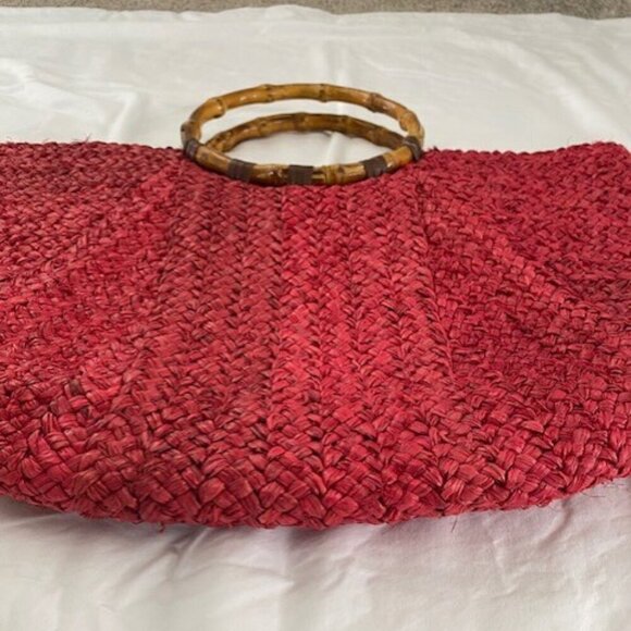 Vintage Large Red Woven Wicker Bamboo Handle Beach Bag Handbag Purse - Picture 6 of 15